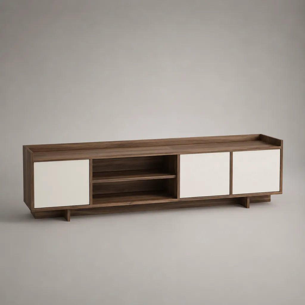 TV-Lowboard aus MDF mit Walnussfurnier, 3 Türen und 2 offenen Fächern, Walnussbraun/Cremeweiß, 180 × 40 × 55 cm