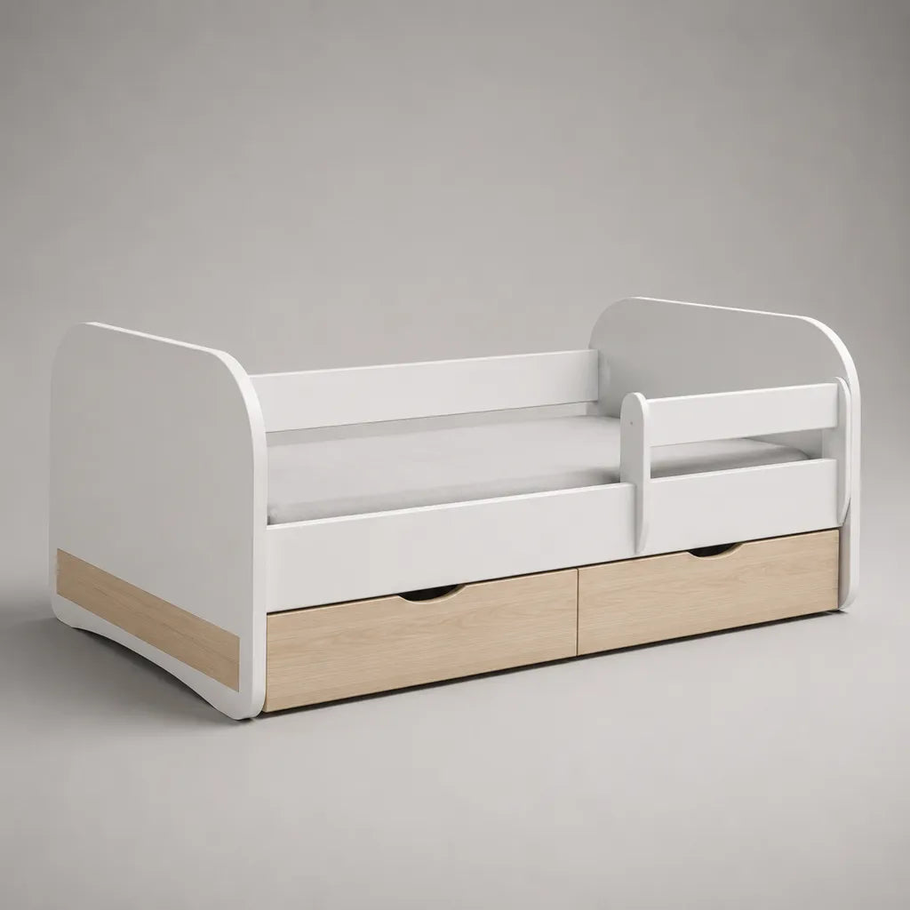 Kinderbett aus MDF und Spanplatte mit Rausfallschutz und 2 Schubladen, Weiß/Eichefarben, 166 × 86 × 80 cm, Liegefläche 80 × 160 cm
