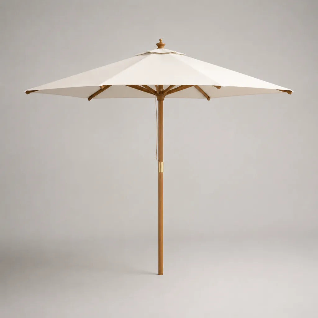 Achteckiger Sonnenschirm aus Polyester und Eukalyptus-Massivholz, Creme/Honigbraun, Ø 300 × H 250 cm