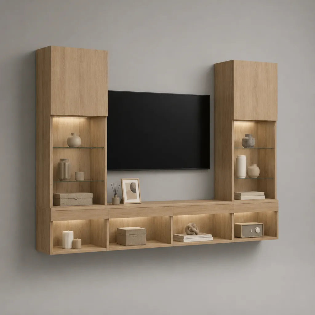 TV-Wohnwand 3-teilig wandhängend aus Spanplatte und Glas mit LED-Beleuchtung, Eiche Natur, 240 x 35 x 190 cm