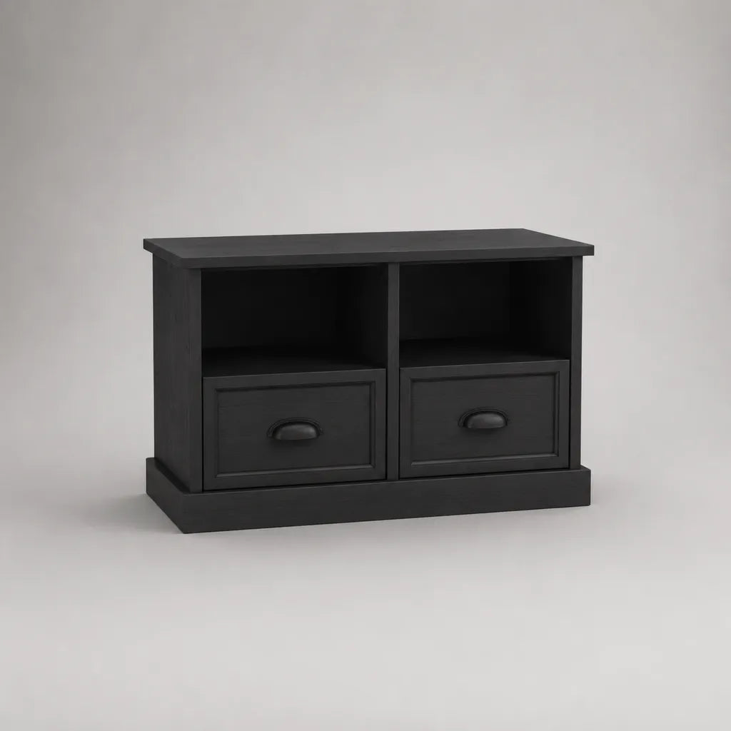 TV-Lowboard aus MDF mit 2 Schubladen und 2 offenen Fächern, Schwarz, 90 × 40 × 65 cm