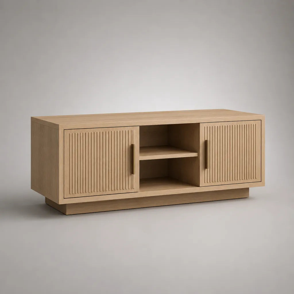 TV-Lowboard aus MDF und Spanplatte mit Eichenfurnier, 2 Türen und 2 offenen Fächern, Eiche Natur/Braun, 120 × 40 × 60 cm
