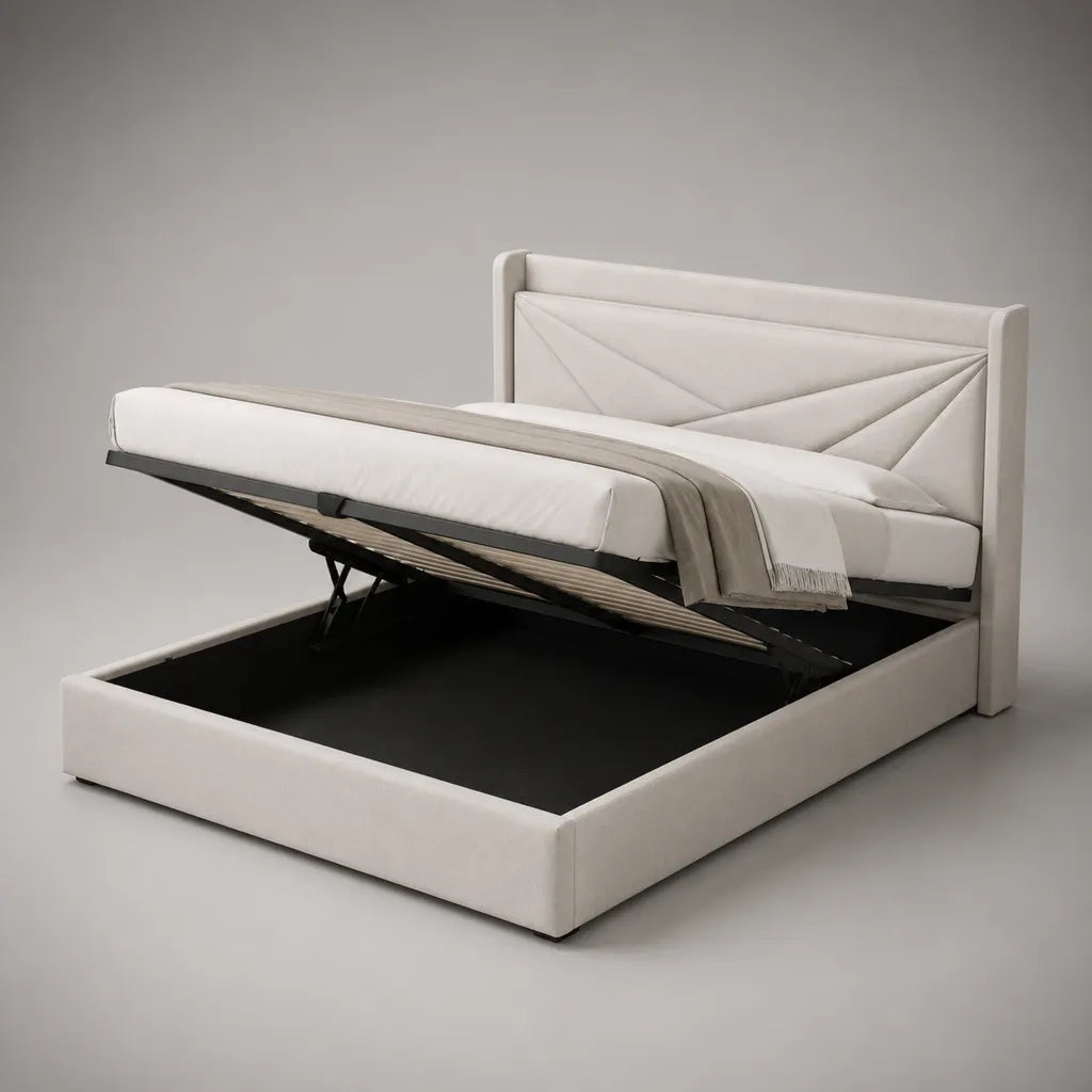 Stauraumbett 160 × 200 cm mit Polsterkopfteil und hochklappbarem Lattenrost, Hellbeige/Schwarz