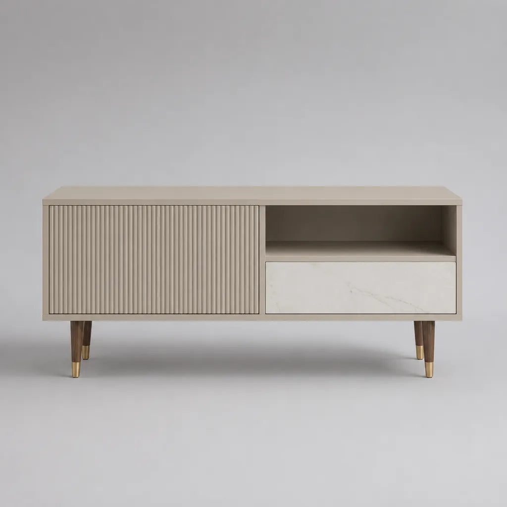 TV-Lowboard aus MDF mit geriffelter Tür, Schublade und offenem Fach, Beige und Weiß, 120 × 40 × 60 cm