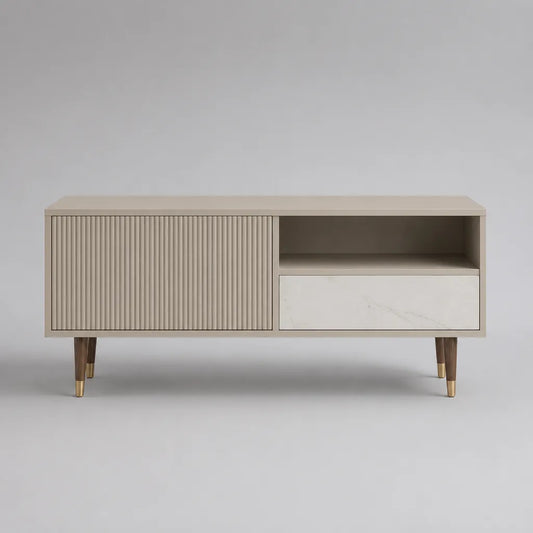 TV-Lowboard aus MDF mit geriffelter Tür, Schublade und offenem Fach, Beige und Weiß, 120 × 40 × 60 cm