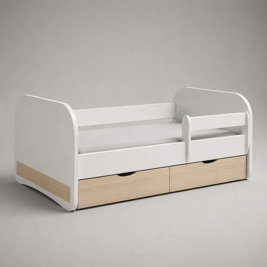 Kinderbett aus MDF und Spanplatte mit Rausfallschutz und 2 Schubladen, Weiß/Eichefarben, 166 × 86 × 80 cm, Liegefläche 80 × 160 cm