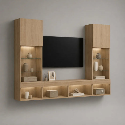 TV-Wohnwand 3-teilig wandhängend aus Spanplatte und Glas mit LED-Beleuchtung, Eiche Natur, 240 x 35 x 190 cm