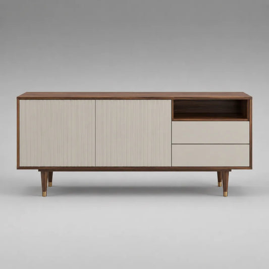 TV-Lowboard aus MDF mit Walnussfurnier, 2 Türen, 2 Schubladen und offenem Fach, Walnussbraun und Creme, 160 × 40 × 75 cm