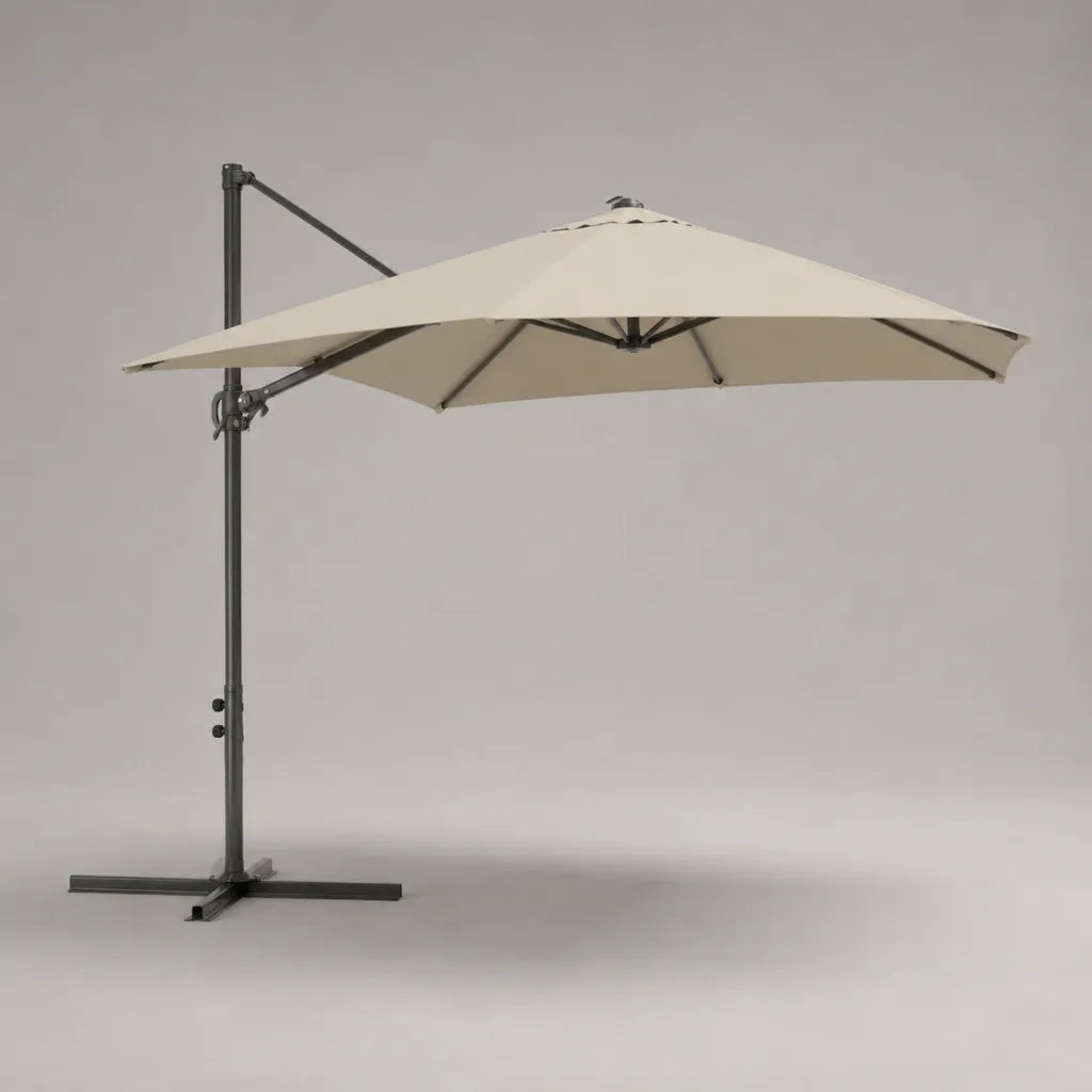 Quadratischer Ampelschirm 300 × 300 cm aus Polyester, Beige, mit anthrazitfarbenem Stahlgestell und Kurbel