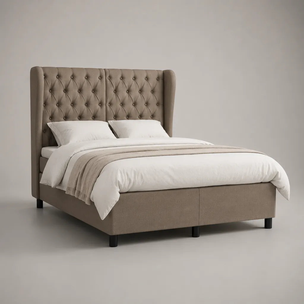 Polsterbett Doppelbett 160 × 200 cm mit Polyesterbezug, Knopfheftung und Flügelkopfteil, Taupe/Schwarz