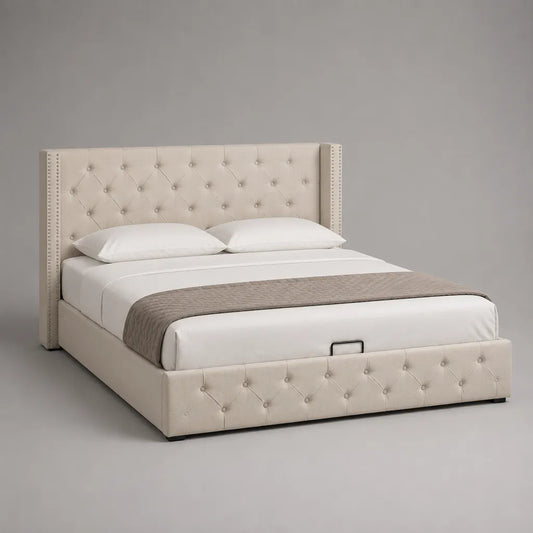 Stauraumbett Polsterbett mit Bettkasten und Hub-Lattenrost, Polyester-Samtbezug, Beige, Liegefläche 180 x 200 cm