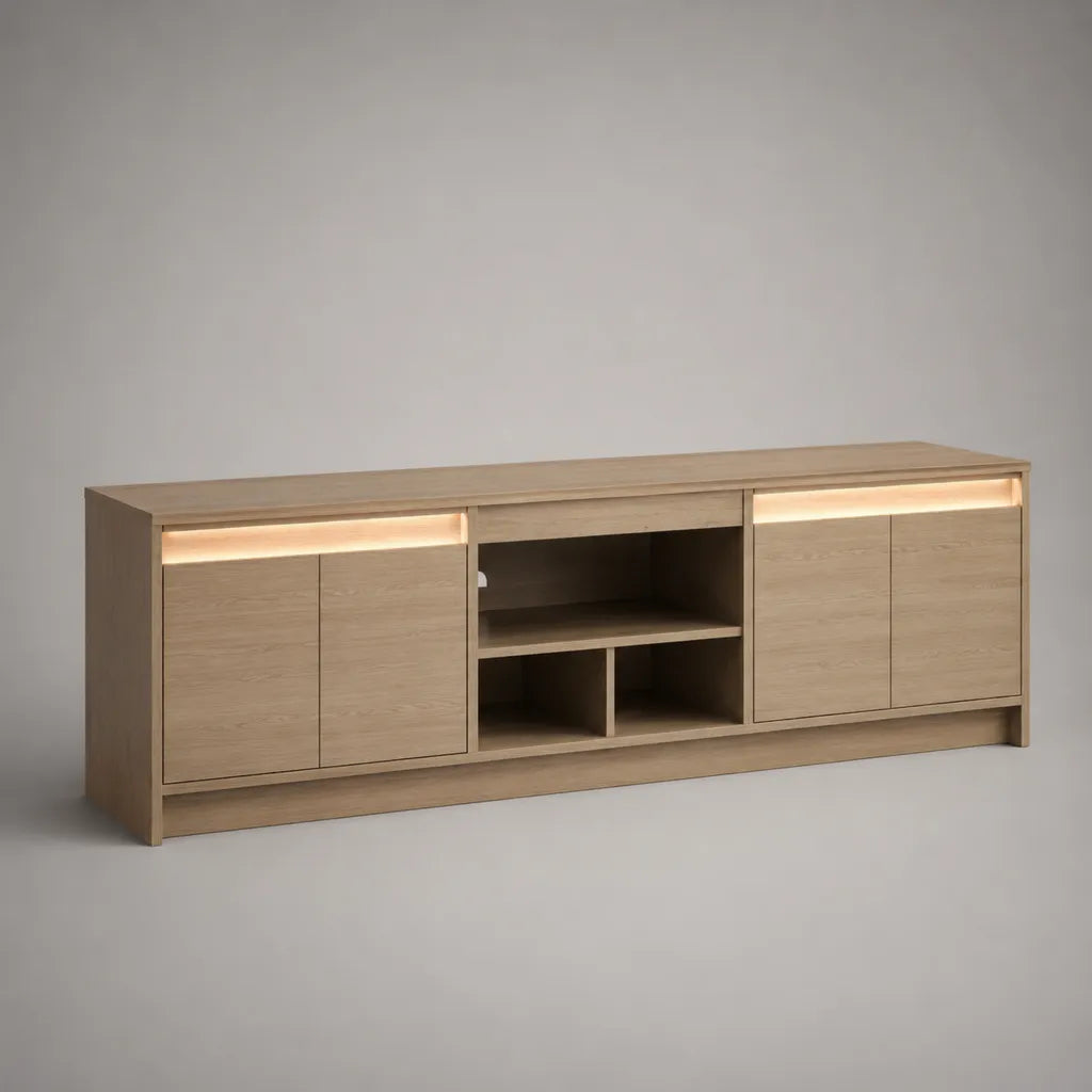 TV-Lowboard aus Spanplatte mit LED-Beleuchtung, 4 Türen und 3 offenen Fächern, Eiche Natur, 180 × 40 × 65 cm