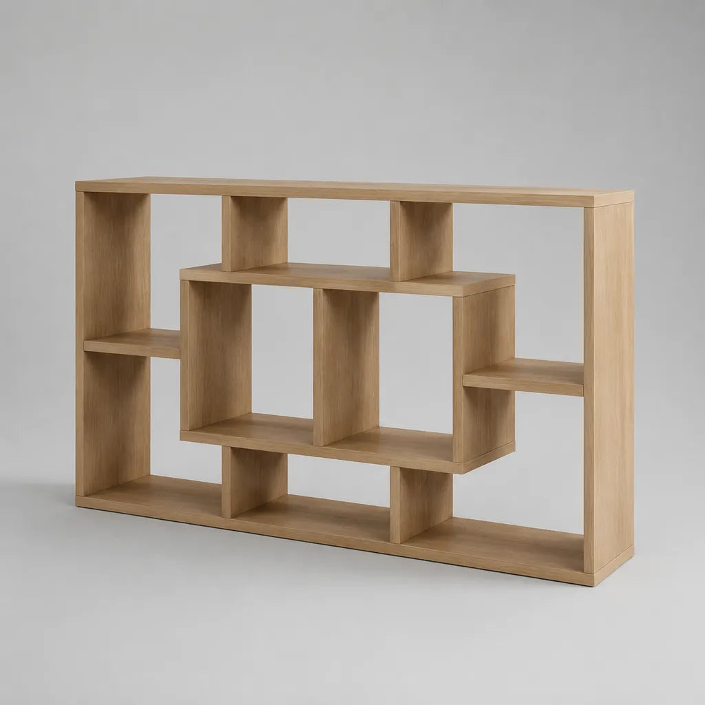Bücherregal-Raumteiler aus Spanplatte mit Eichedekor, geometrisch, Eiche Natur, 120 × 24 × 80 cm