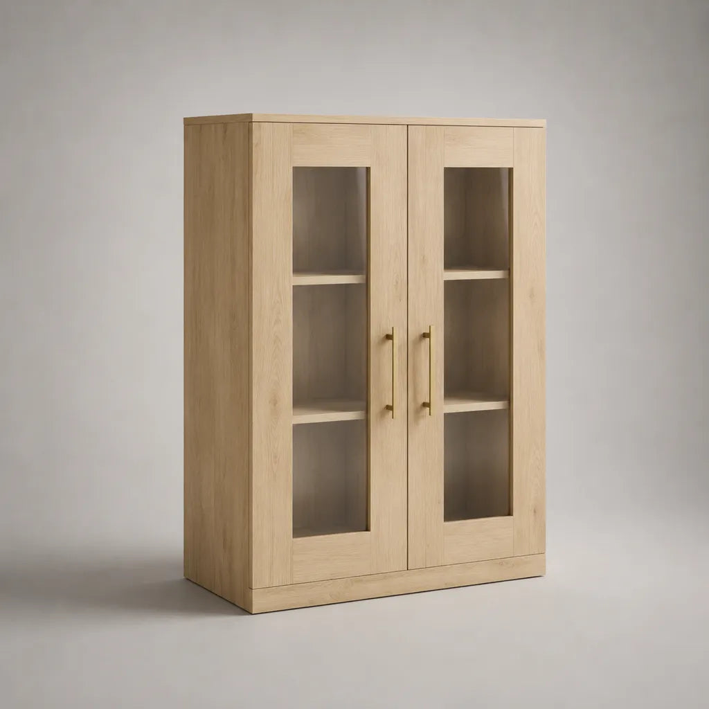 Vitrinenschrank mit 2 Glastüren aus Spanplatte und Sicherheitsglas, Eiche Natur, 80 × 35 × 120 cm