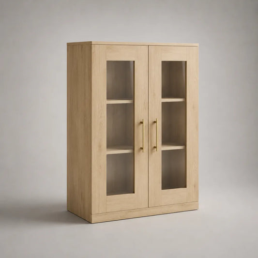 Vitrinenschrank mit 2 Glastüren aus Spanplatte und Sicherheitsglas, Eiche Natur, 80 × 35 × 120 cm