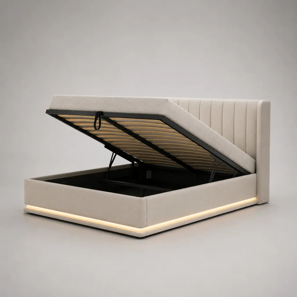 Stauraumbett Polsterbett mit Bettkasten, Lattenrost und LED-Beleuchtung, Polyesterbezug Beige, Liegefläche 160 × 200 cm, Gesamtmaß ca. 218 × 174 × 110 cm