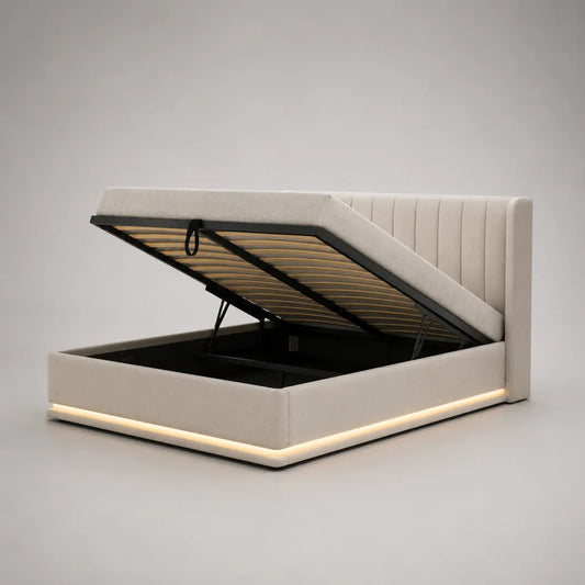 Stauraumbett Polsterbett mit Bettkasten, Lattenrost und LED-Beleuchtung, Polyesterbezug Beige, Liegefläche 160 × 200 cm, Gesamtmaß ca. 218 × 174 × 110 cm