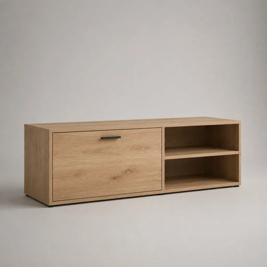 TV-Lowboard mit Tür und 2 offenen Fächern aus melaminharzbeschichteter Spanplatte, Eiche Natur/Schwarz, 120 × 40 × 50 cm