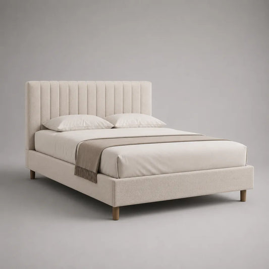 Beiges Polsterbett aus Polyester und Massivholz, Liegefläche 160 x 200 cm, Gesamtmaß 218 x 174 x 112 cm