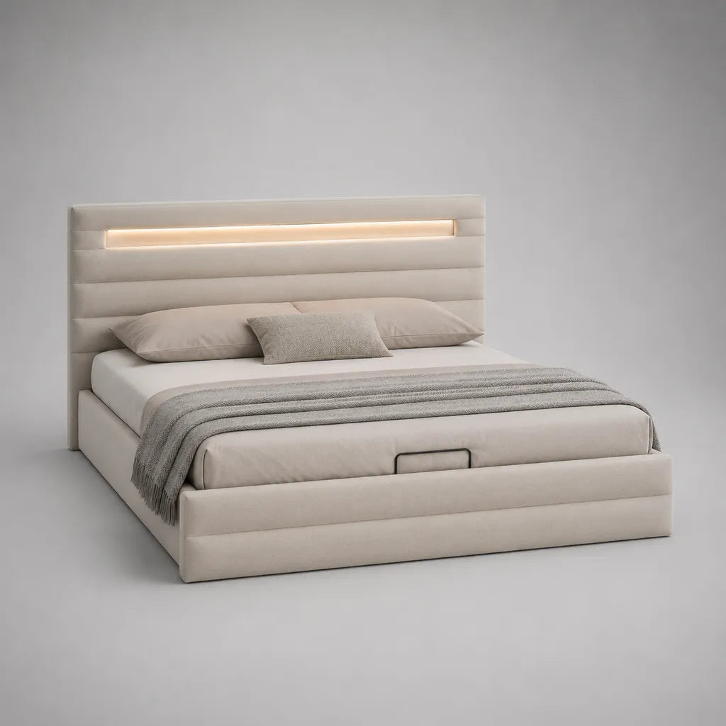 Stauraumbett Polsterbett mit LED-Beleuchtung, Polyester und Stahlrahmen, Beige, Liegefläche 180 x 200 cm, Außenmaß 216 x 196 x 120 cm