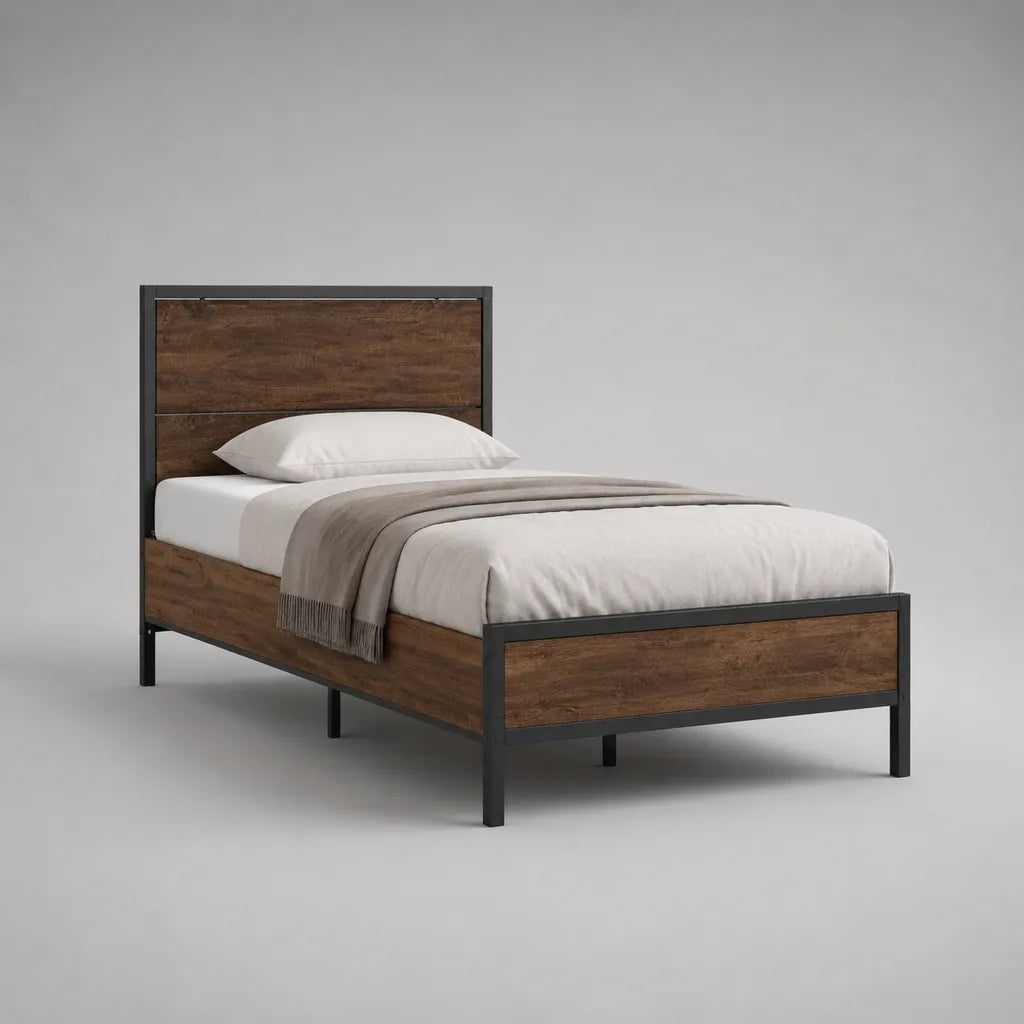 Einzelbett-Bettgestell aus Stahl und MDF, Liegefläche 90 × 200 cm, Gesamtmaß 208 × 96 × 110 cm, Braun und Schwarz
