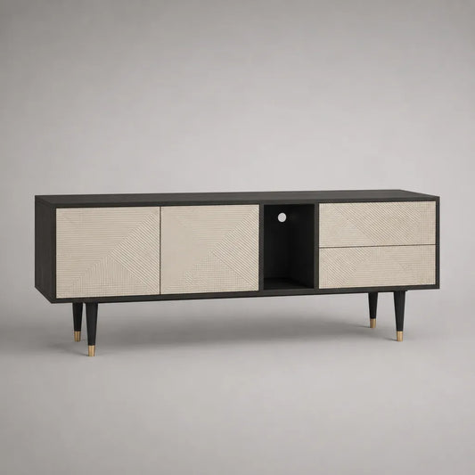 TV-Lowboard aus MDF und Spanplatte mit 2 Türen, 2 Schubladen und Kabelführung, Mattschwarz/Beige/Messingfarben, 160 × 40 × 65 cm